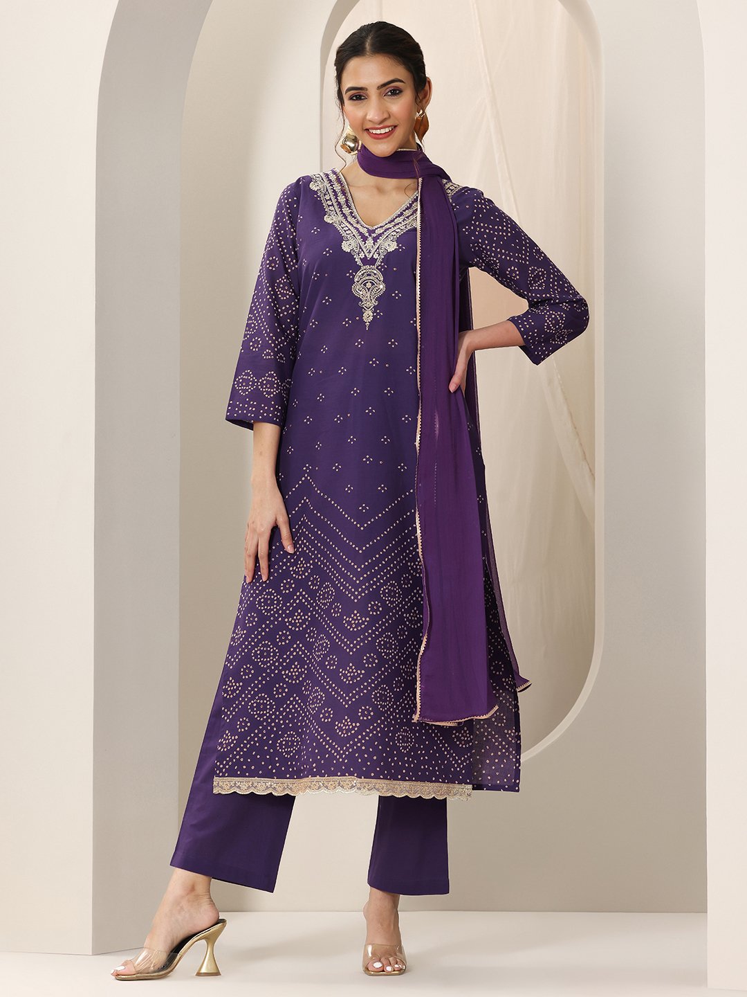Purple Printed Cotton Straight Kurta, Trousers and Dupatta Set
