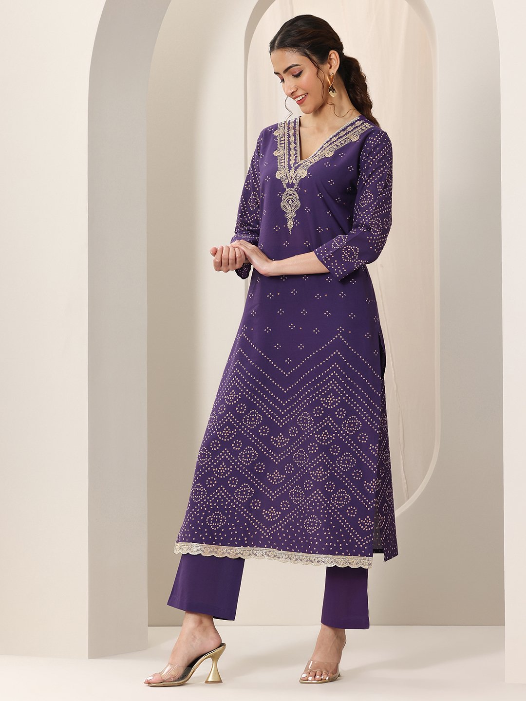 Purple Printed Cotton Straight Kurta, Trousers and Dupatta Set