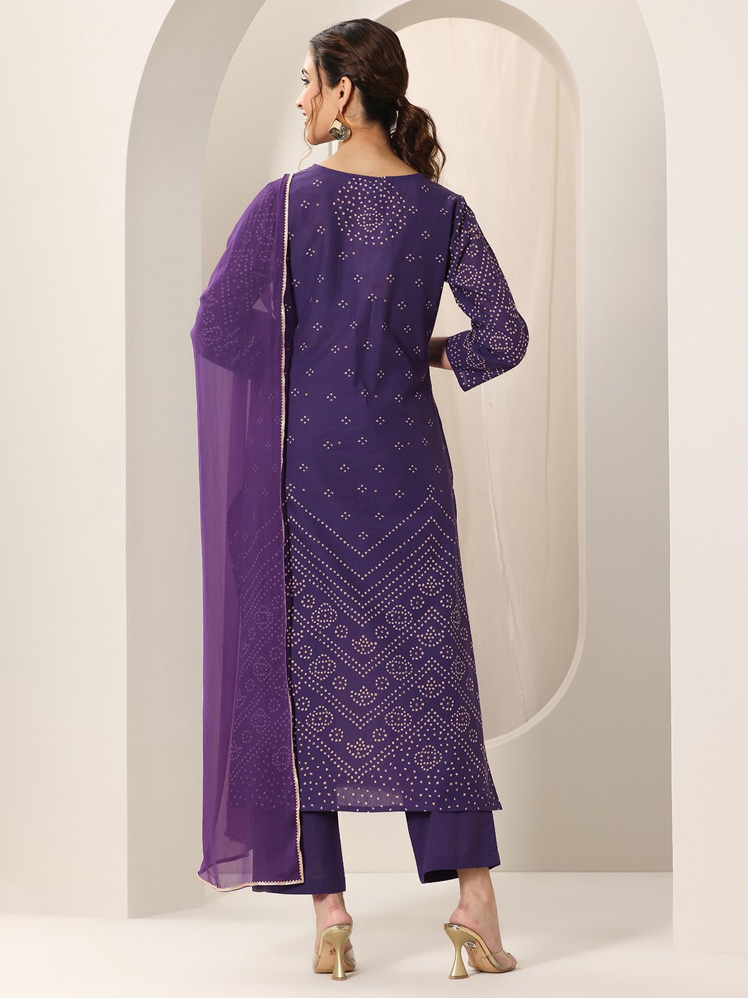 Purple Printed Cotton Straight Kurta, Trousers and Dupatta Set