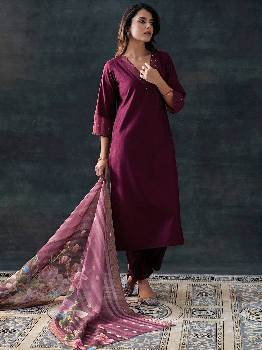 Burgundy Woven Design Silk Blend Straight Kurta, Trousers and Dupatta Set