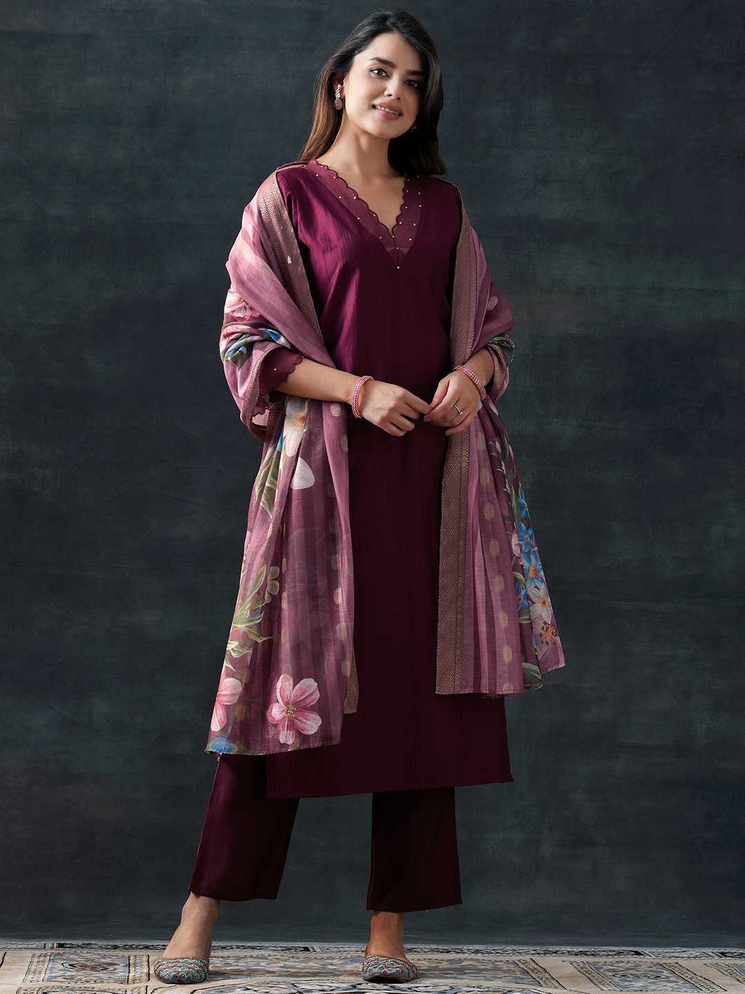 Burgundy Woven Design Silk Blend Straight Kurta, Trousers and Dupatta Set