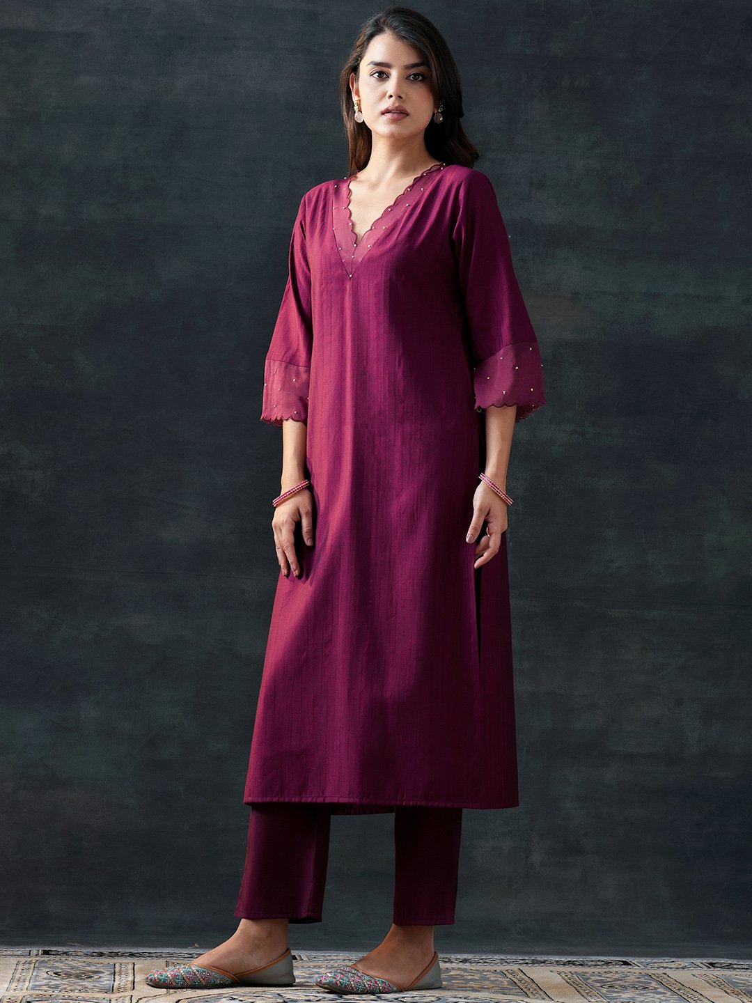 Burgundy Woven Design Silk Blend Straight Kurta, Trousers and Dupatta Set