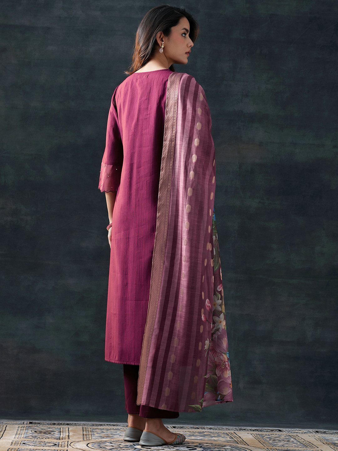 Burgundy Woven Design Silk Blend Straight Kurta, Trousers and Dupatta Set