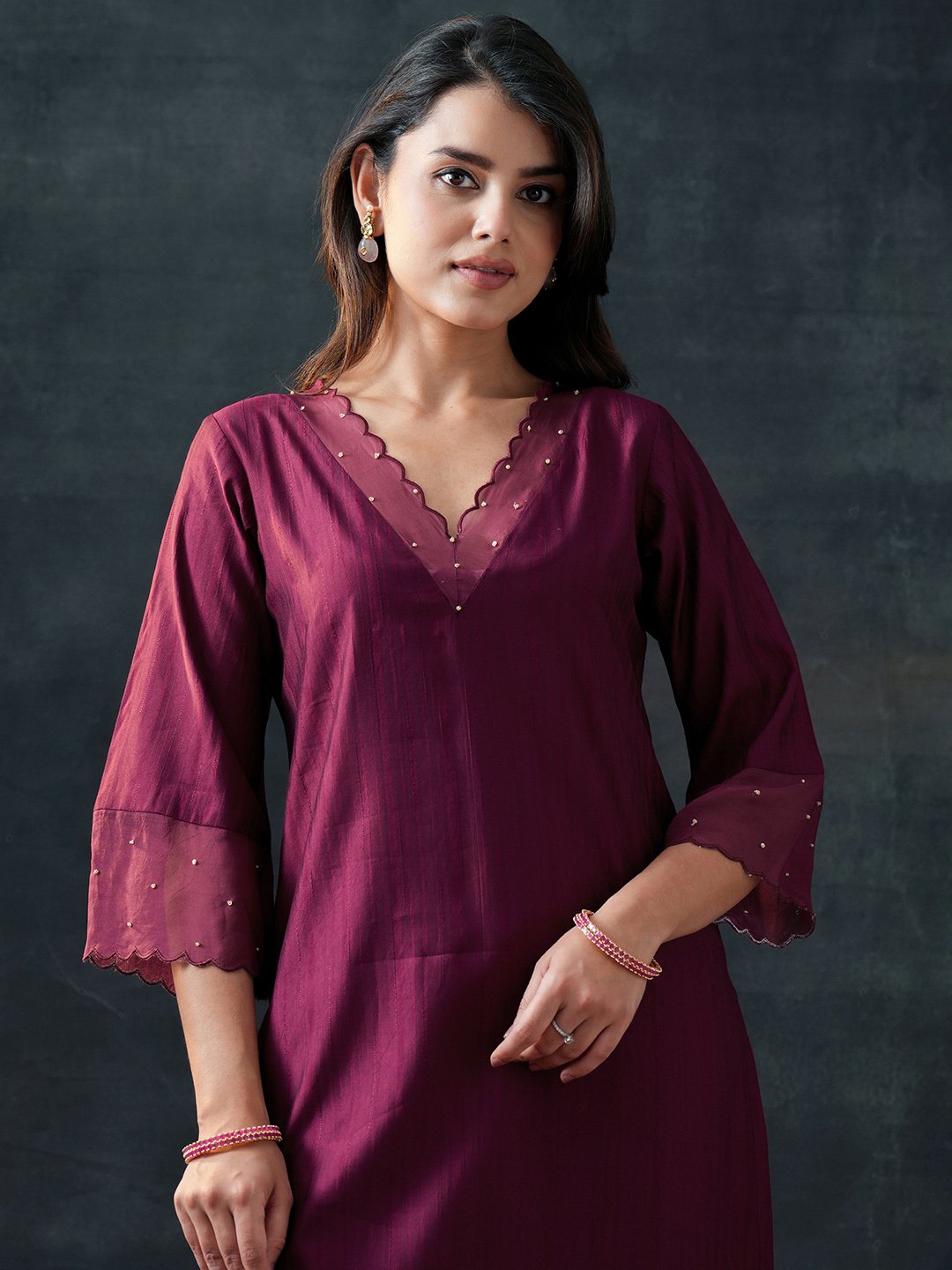 Burgundy Woven Design Silk Blend Straight Kurta, Trousers and Dupatta Set