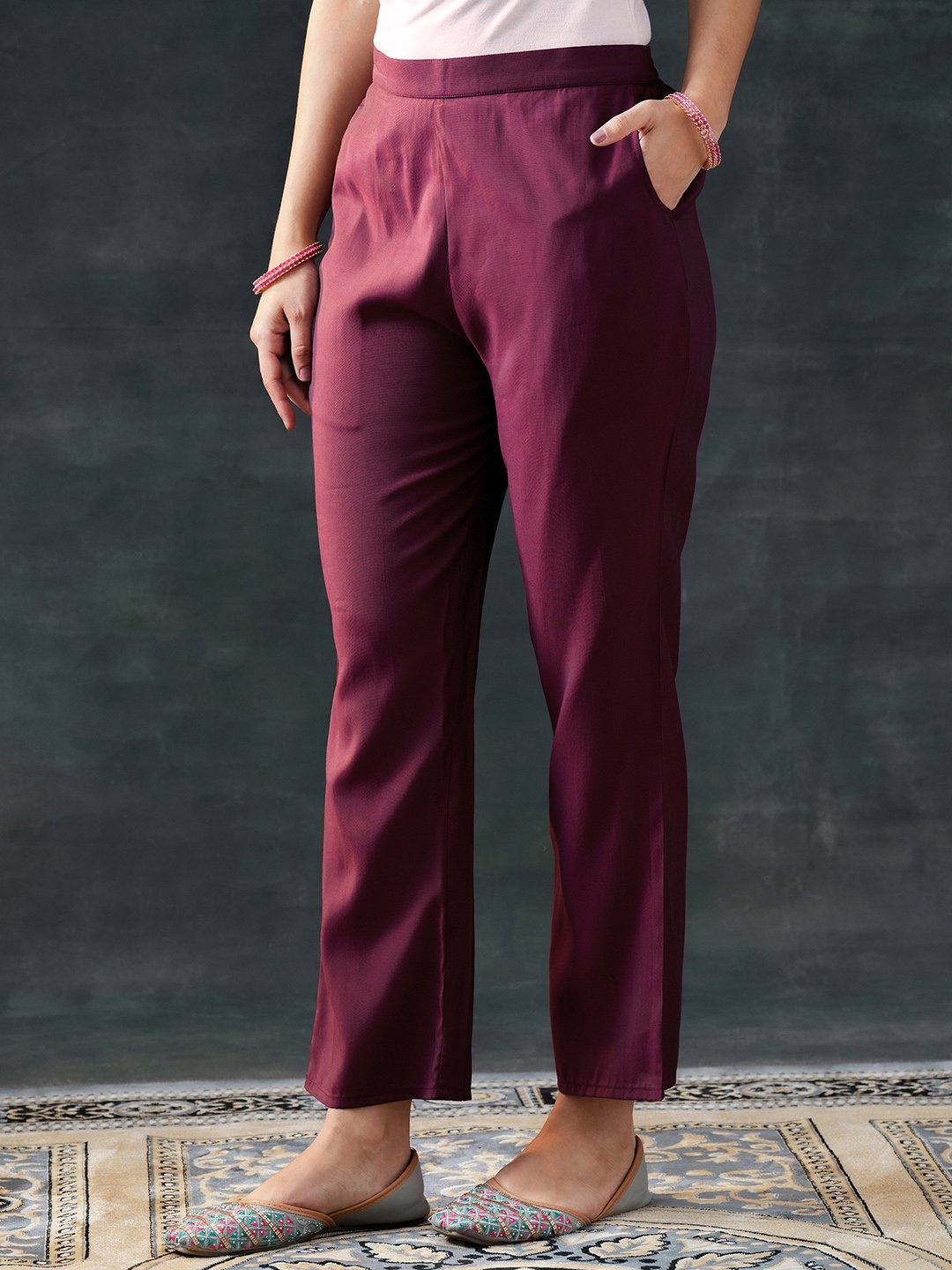 Burgundy Woven Design Silk Blend Straight Kurta, Trousers and Dupatta Set