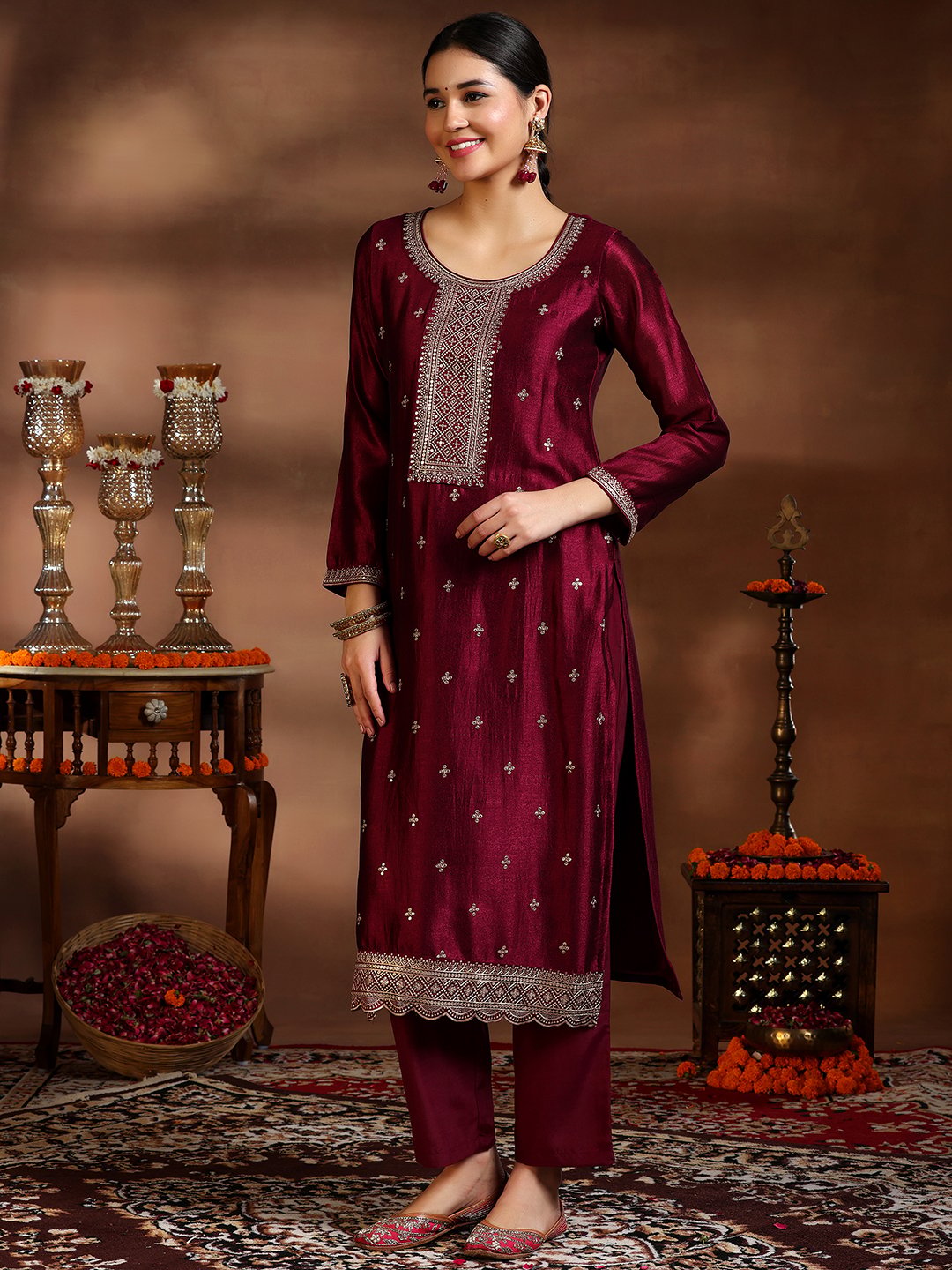 Burgundy Embroidered Silk Blend Straight Kurta, Trousers and Dupatta Set