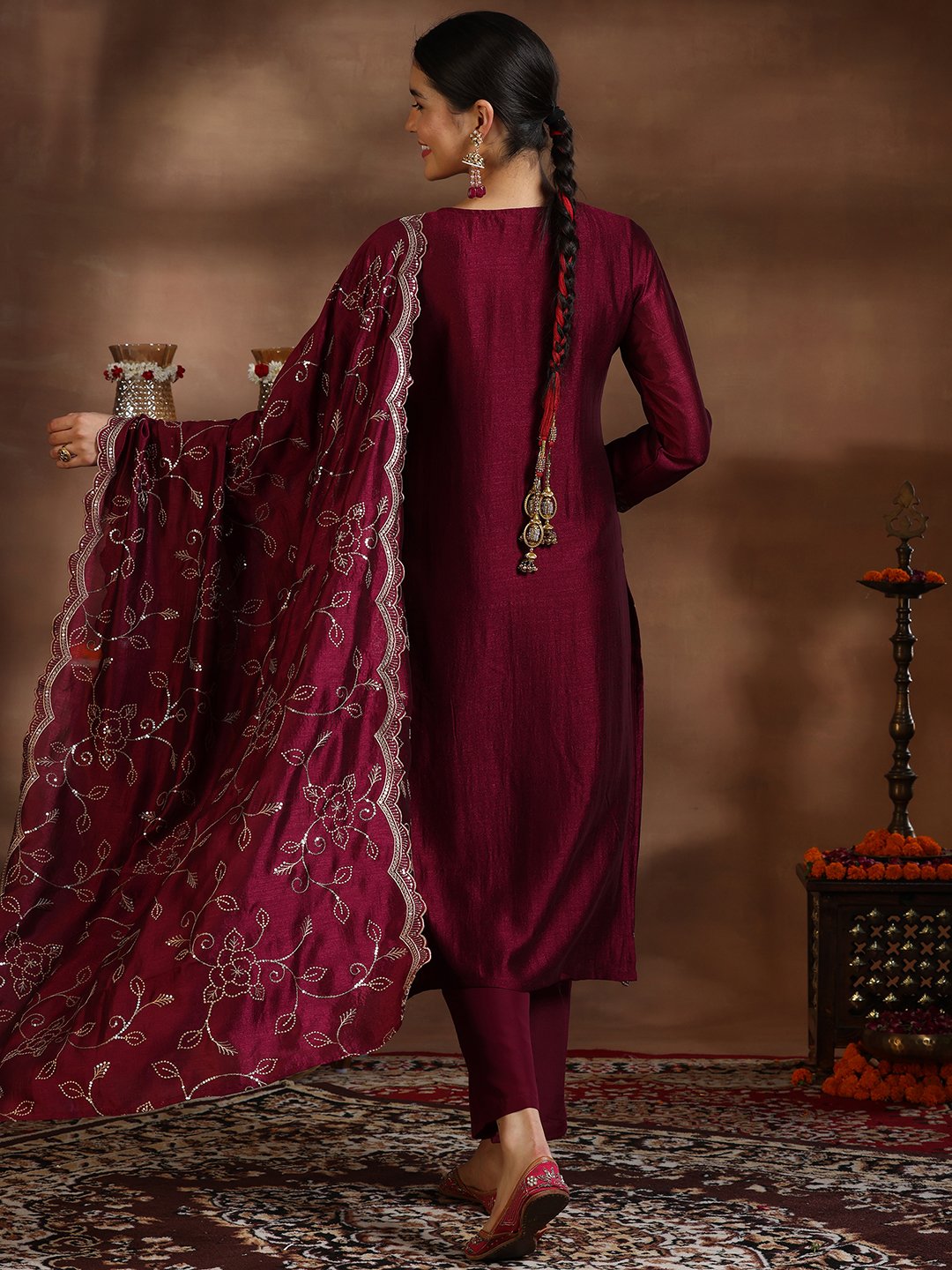 Burgundy Embroidered Silk Blend Straight Kurta, Trousers and Dupatta Set
