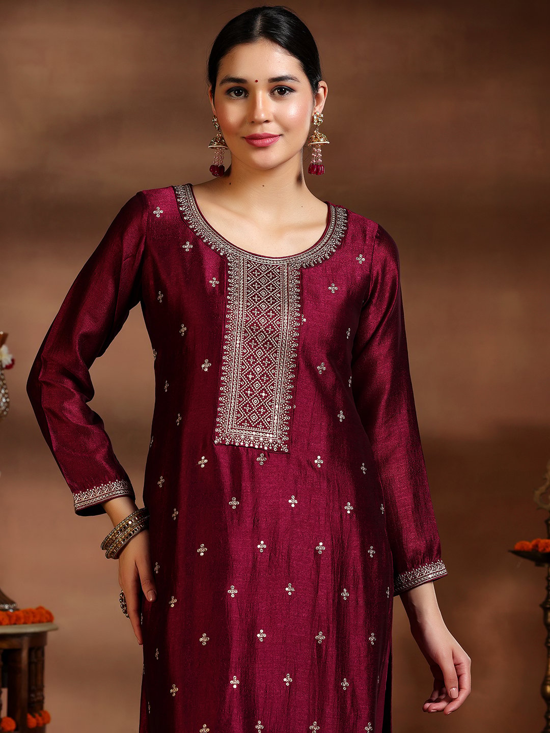 Burgundy Embroidered Silk Blend Straight Kurta, Trousers and Dupatta Set