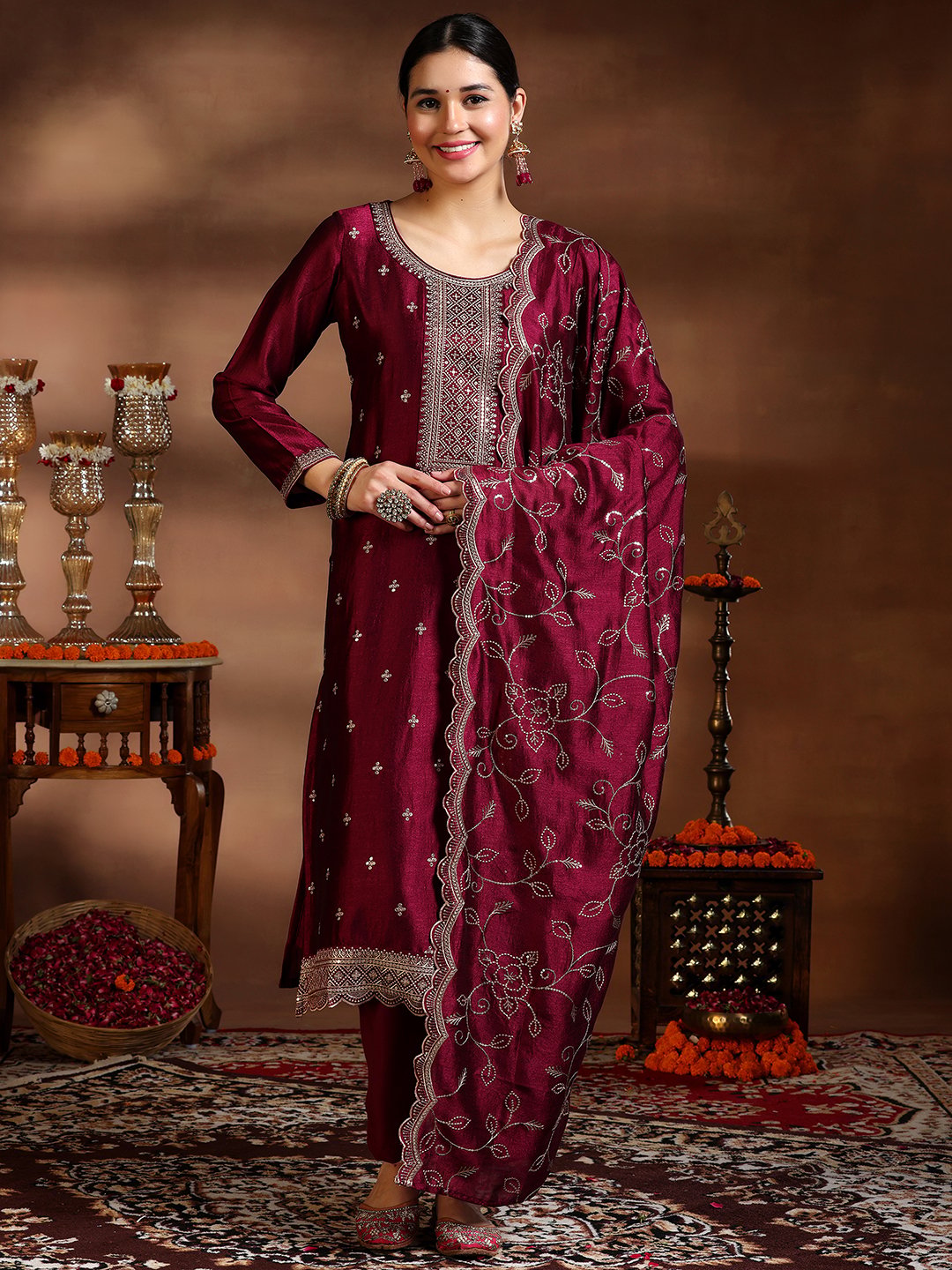 Burgundy Embroidered Silk Blend Straight Kurta, Trousers and Dupatta Set