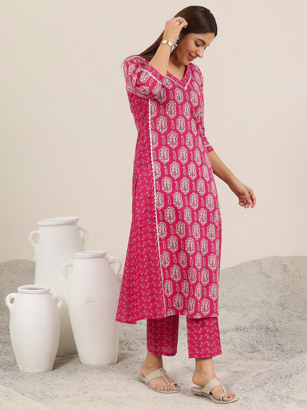 Pink Printed Cotton Straight Kurta and Trousers Set
