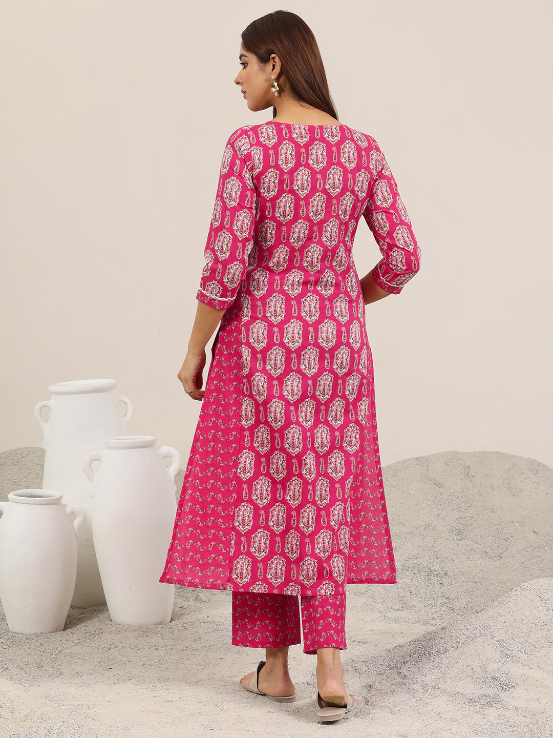 Pink Printed Cotton Straight Kurta and Trousers Set
