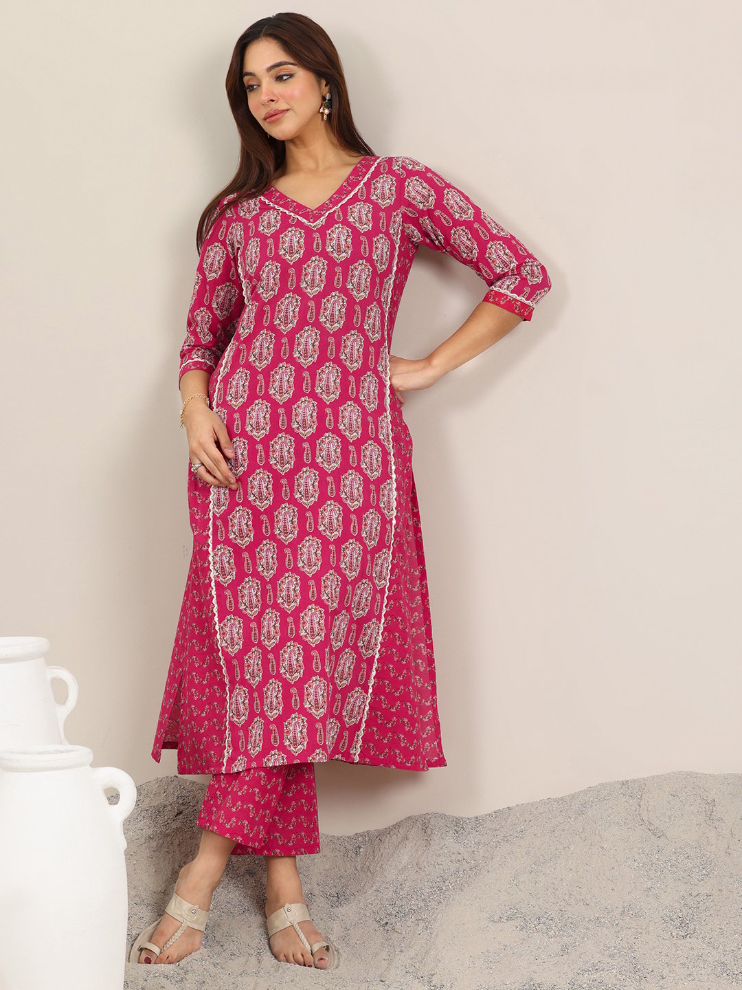Pink Printed Cotton Straight Kurta and Trousers Set