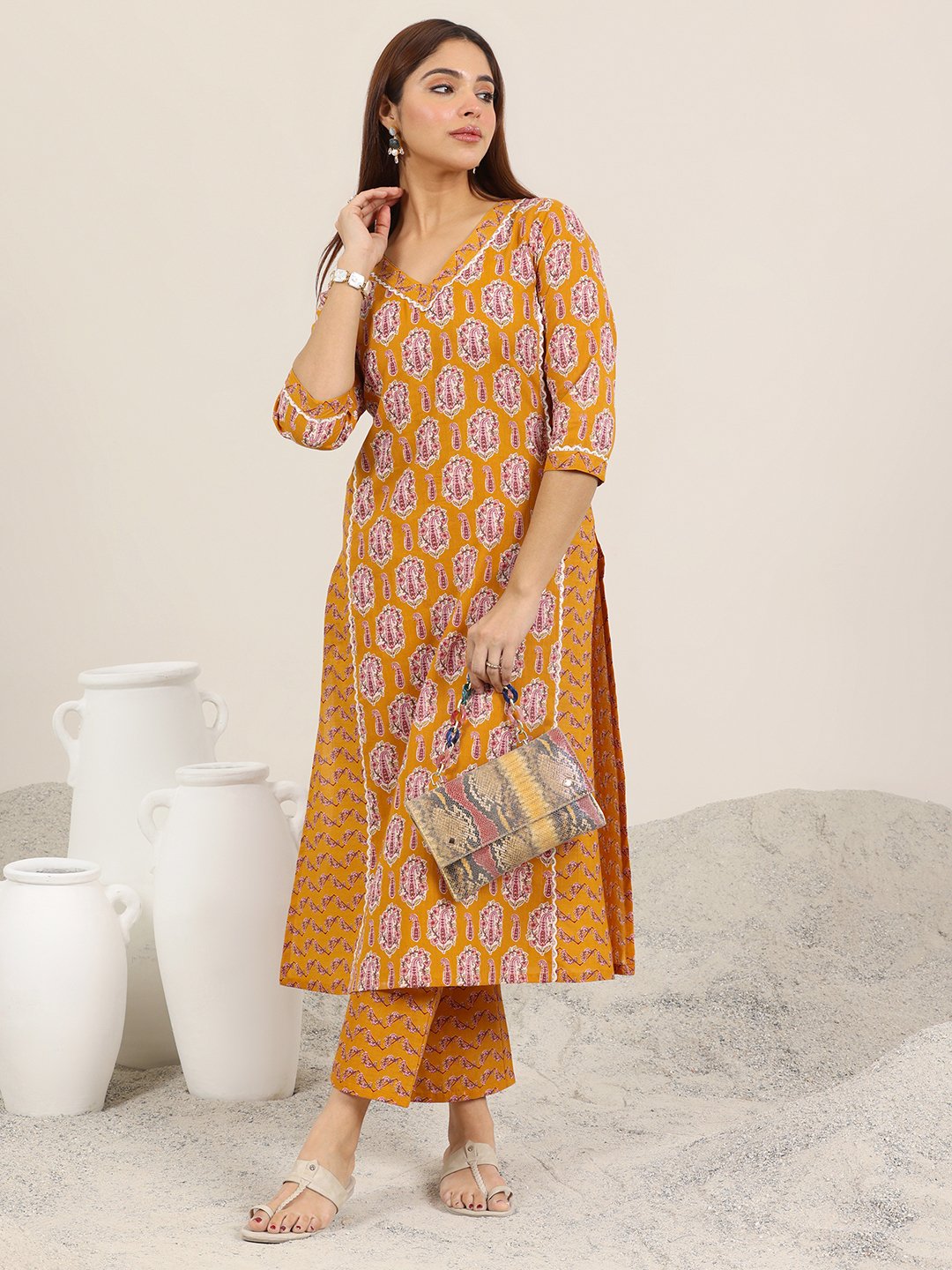 Mustard Printed Cotton Straight Kurta and Trousers Set