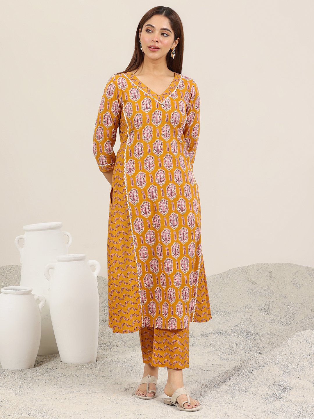 Mustard Printed Cotton Straight Kurta and Trousers Set