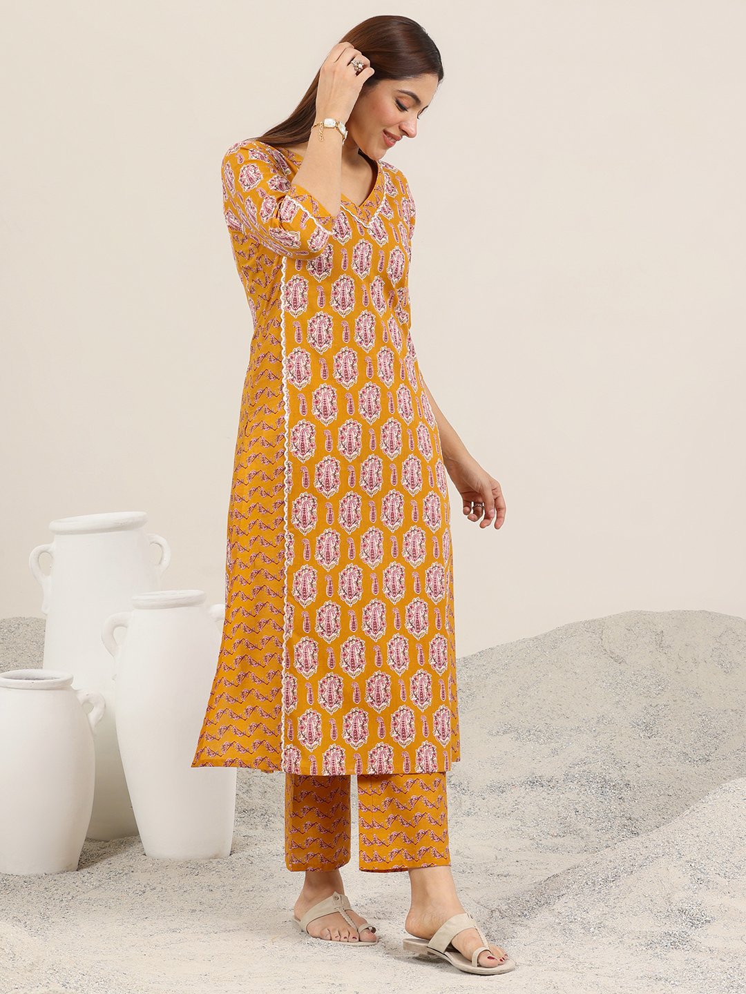 Mustard Printed Cotton Straight Kurta and Trousers Set