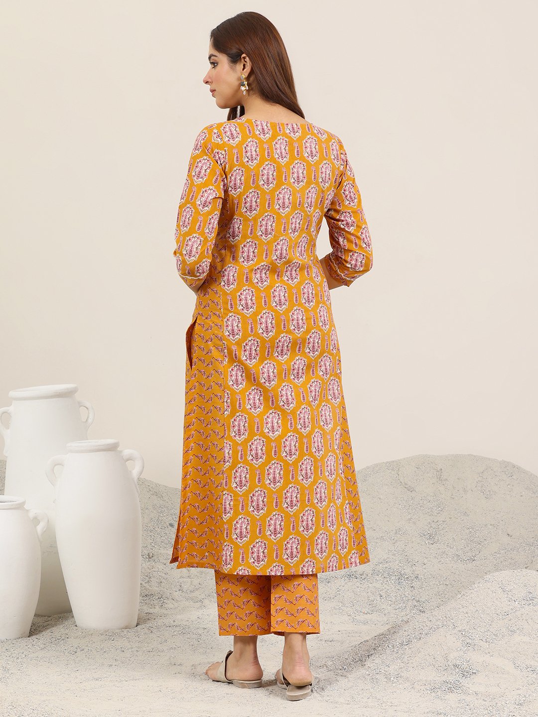 Mustard Printed Cotton Straight Kurta and Trousers Set
