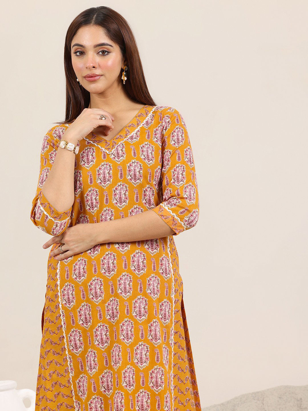 Mustard Printed Cotton Straight Kurta and Trousers Set