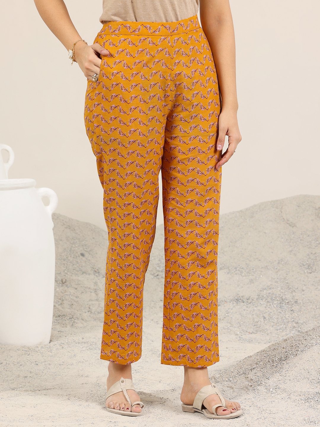 Mustard Printed Cotton Straight Kurta and Trousers Set