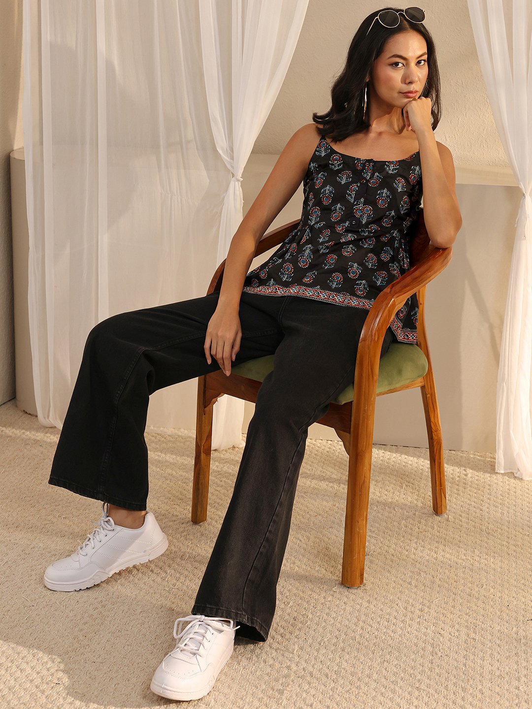 Black Printed Cotton Anarkali Kurti