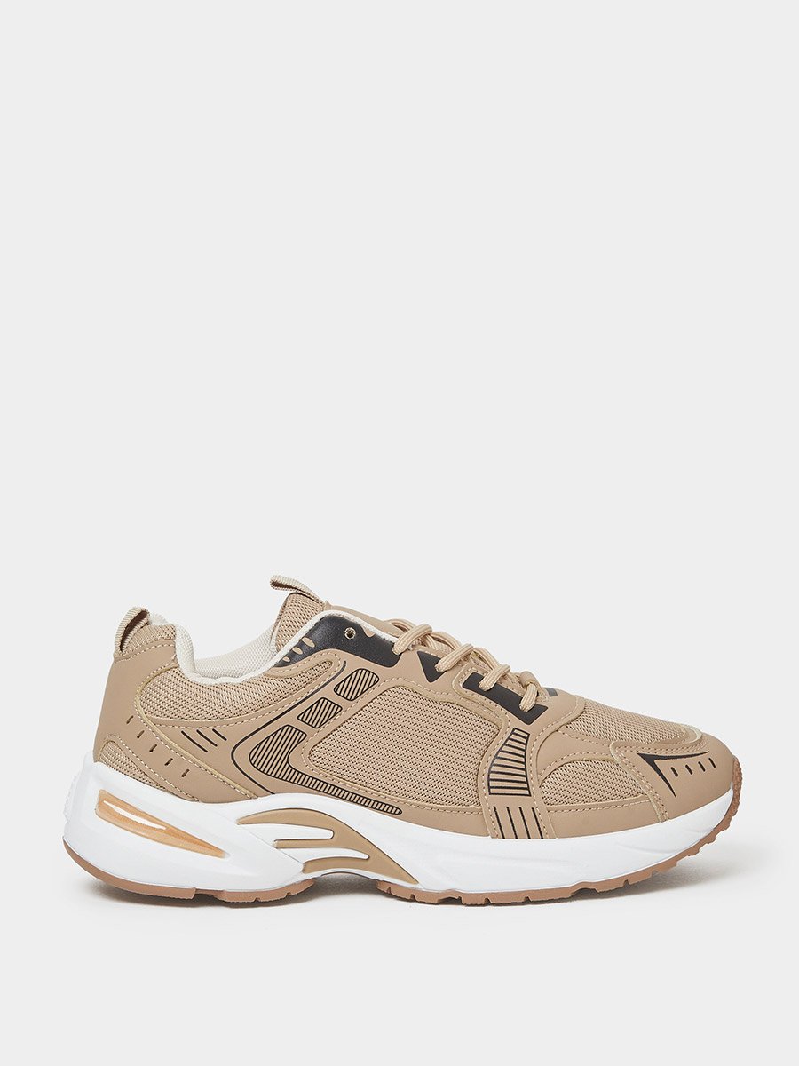 Beige Printed Panel Sporty Sneakers