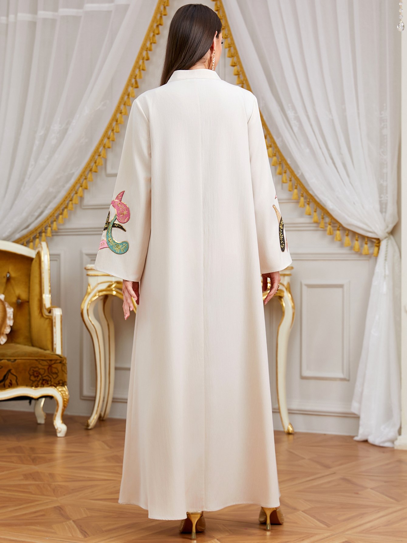 Beige with Colorful Embroidery A-Line Maxi Jalabiya