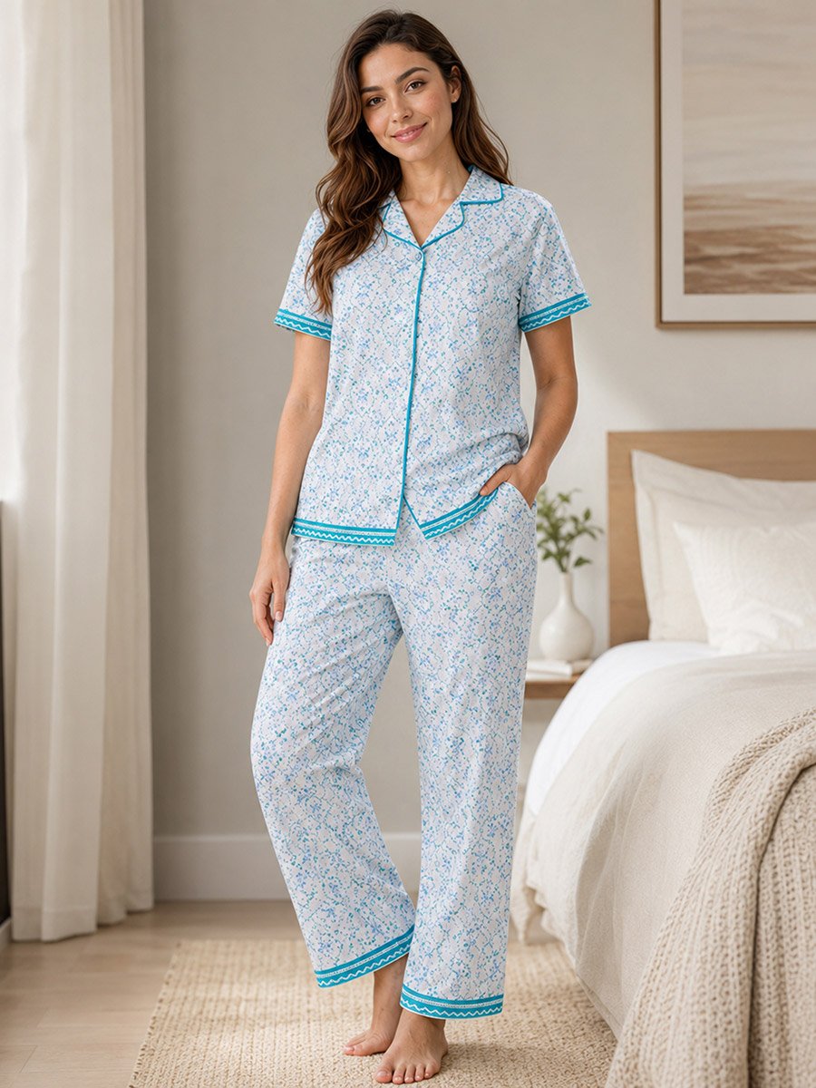 Blue Printed Shirt and Pyjama Set with Contrast Piping