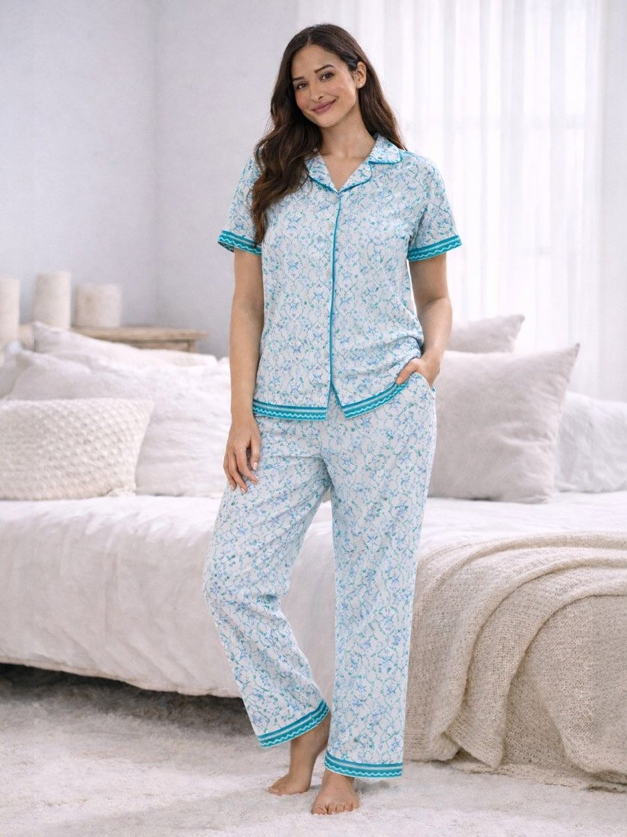Blue Printed Shirt and Pyjama Set with Contrast Piping