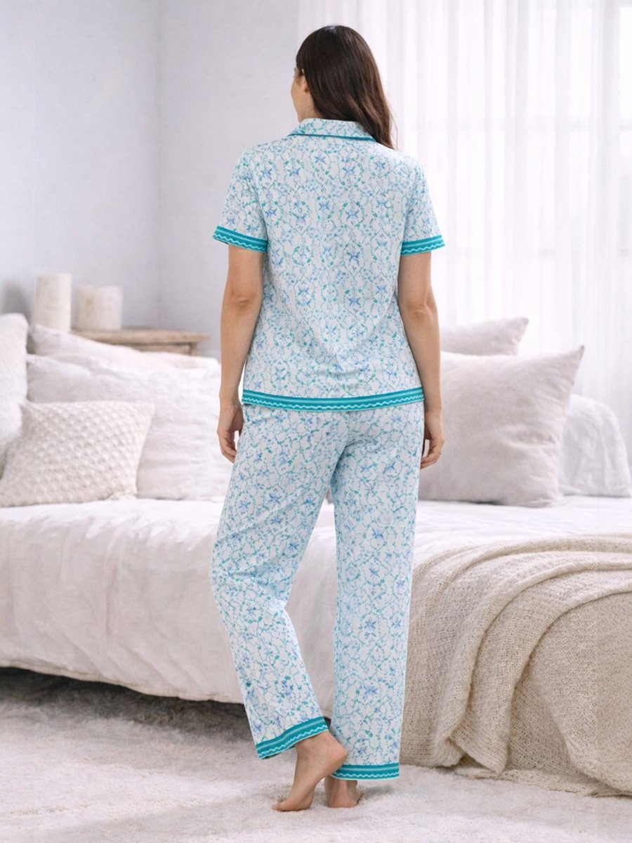 Blue Printed Shirt and Pyjama Set with Contrast Piping