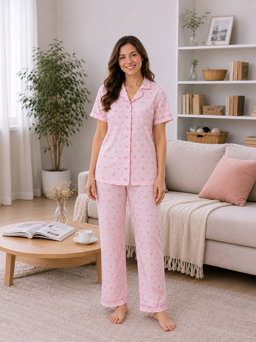 Pink Piping Detail Cotton Shirt and Pyjama Set
