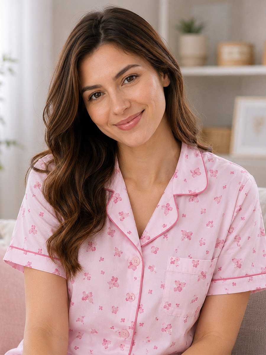 Pink Piping Detail Cotton Shirt and Pyjama Set