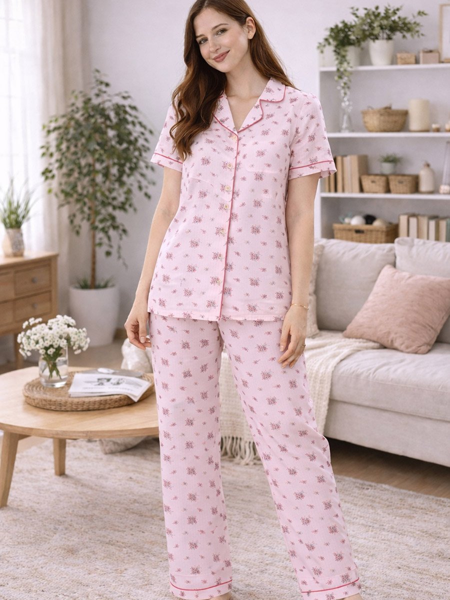 Pink Piping Detail Cotton Shirt and Pyjama Set