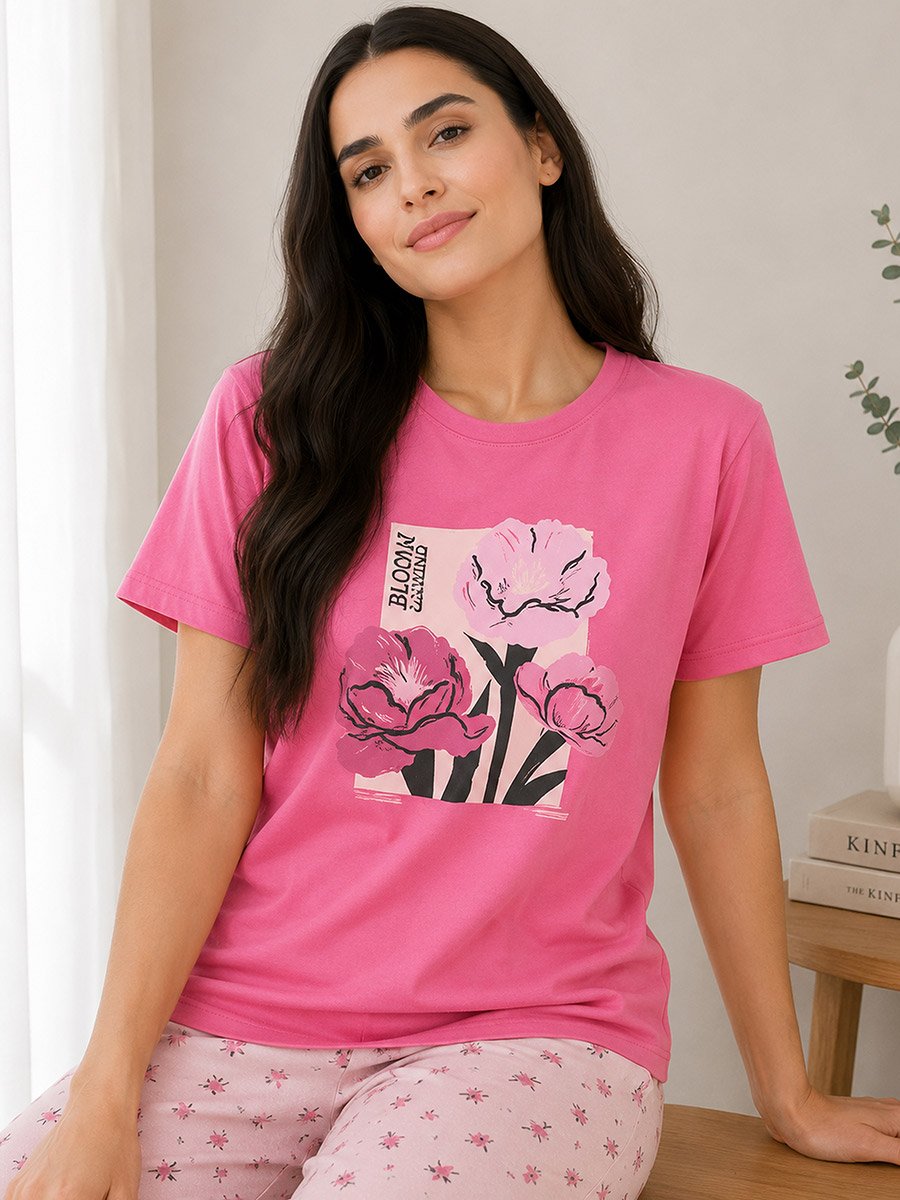 Pink Floral Print Round Neck T-Shirt and Pyjama Set