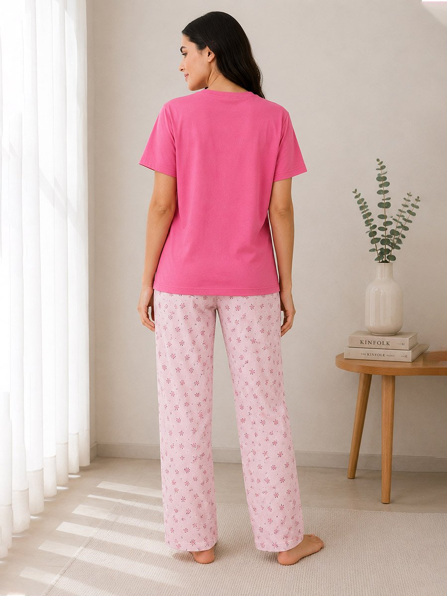 Pink Floral Print Round Neck T-Shirt and Pyjama Set