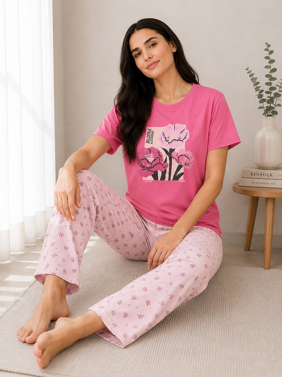 Pink Floral Print Round Neck T-Shirt and Pyjama Set