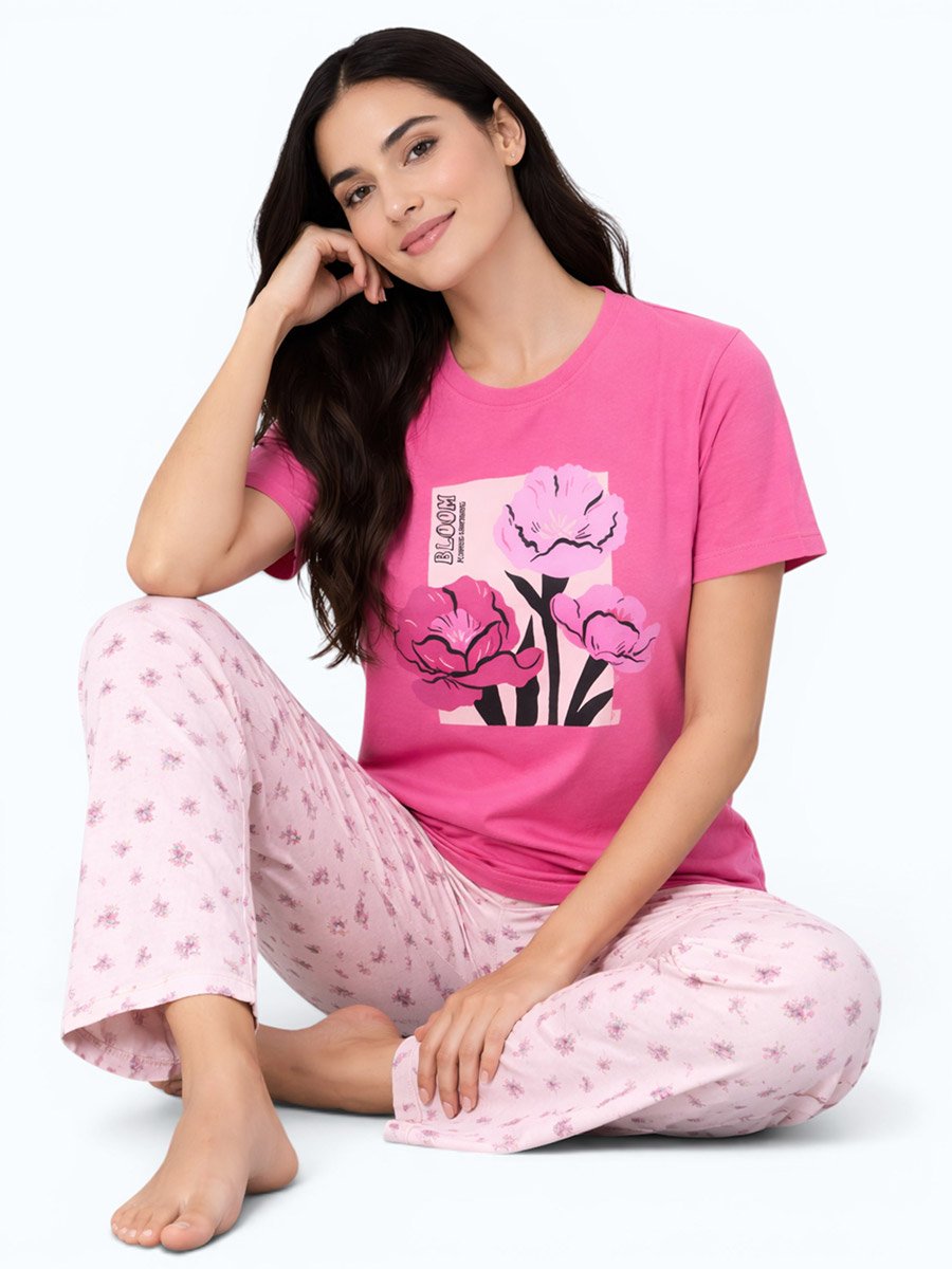 Pink Floral Print Round Neck T-Shirt and Pyjama Set