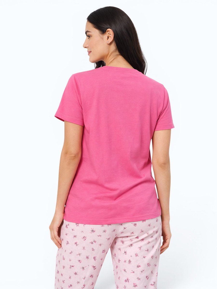 Pink Floral Print Round Neck T-Shirt and Pyjama Set