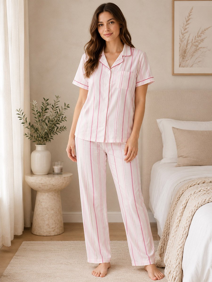 Pink Striped Shirt and Pyjama Set with Contrast Piping