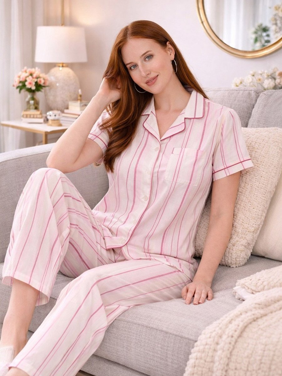 Pink Striped Shirt and Pyjama Set with Contrast Piping