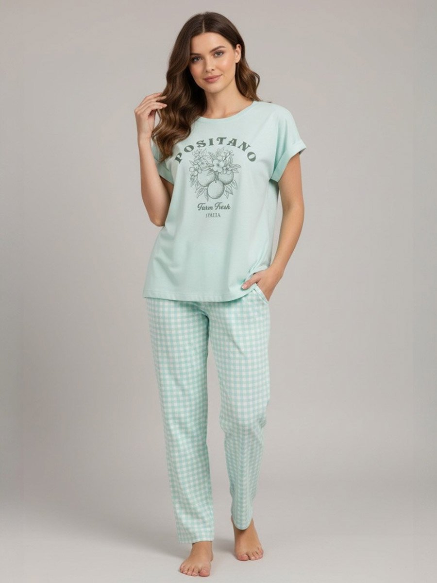 Green Graphic Print T-Shirt and Checked Pyjama Set