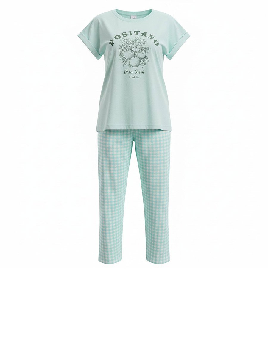 Green Graphic Print T-Shirt and Checked Pyjama Set