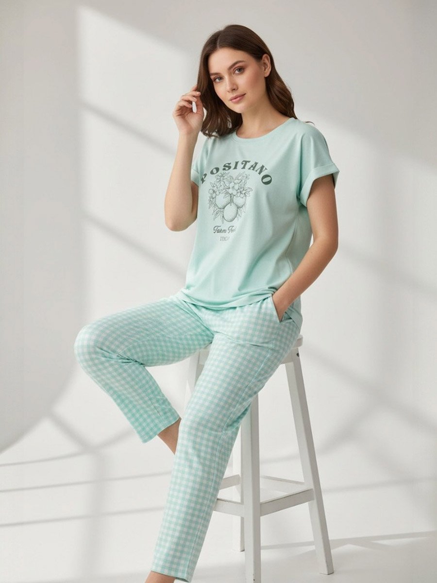 Green Graphic Print T-Shirt and Checked Pyjama Set