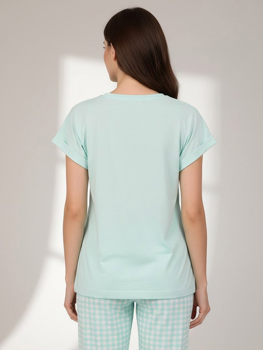 Green Graphic Print T-Shirt and Checked Pyjama Set
