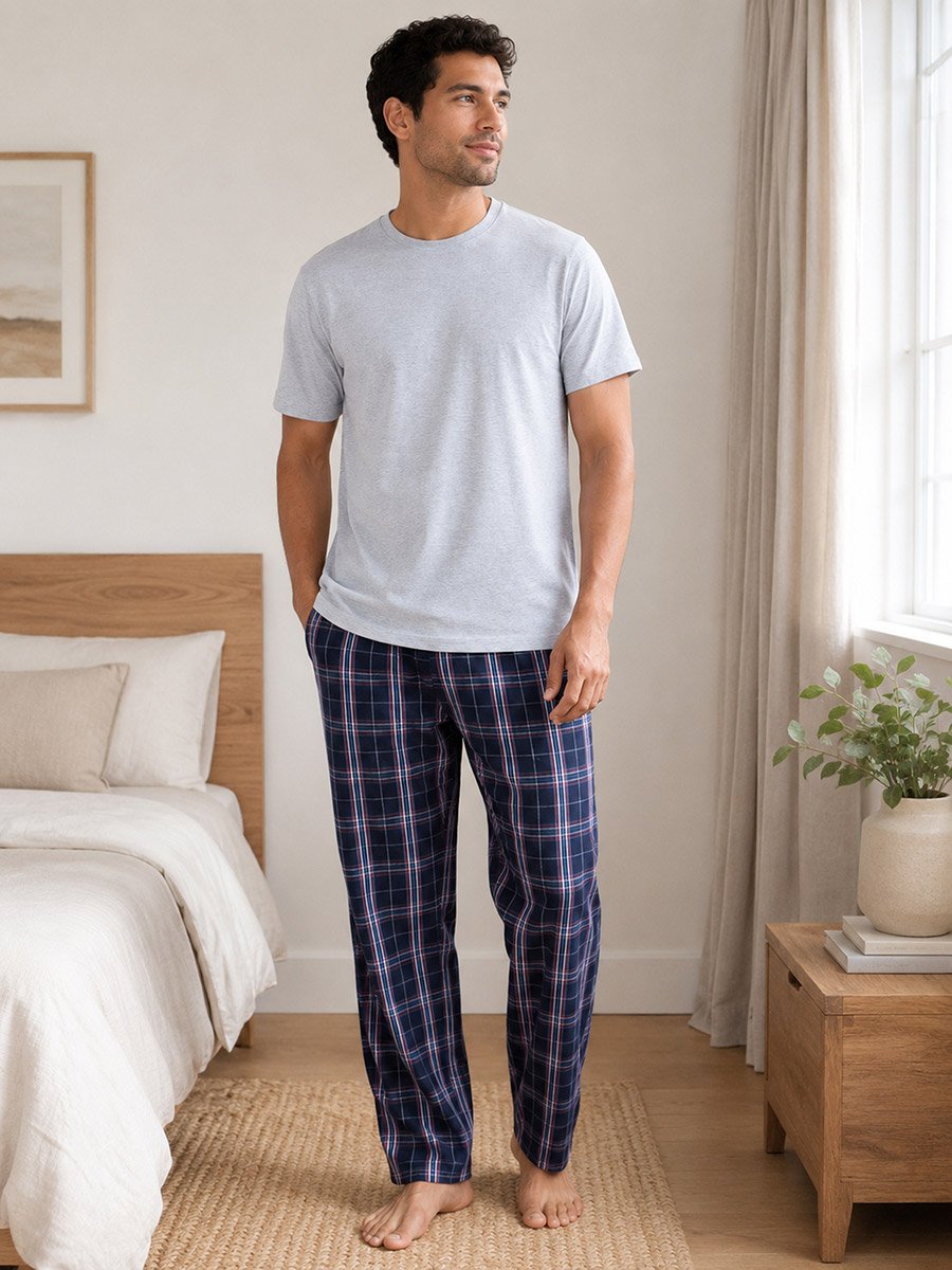 Men Solid Cotton T-Shirt and Checked Pyjama Set