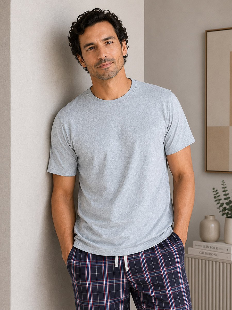 Men Solid Cotton T-Shirt and Checked Pyjama Set