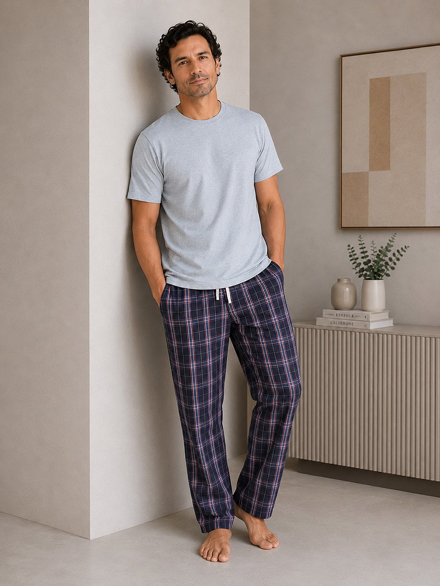 Men Solid Cotton T-Shirt and Checked Pyjama Set