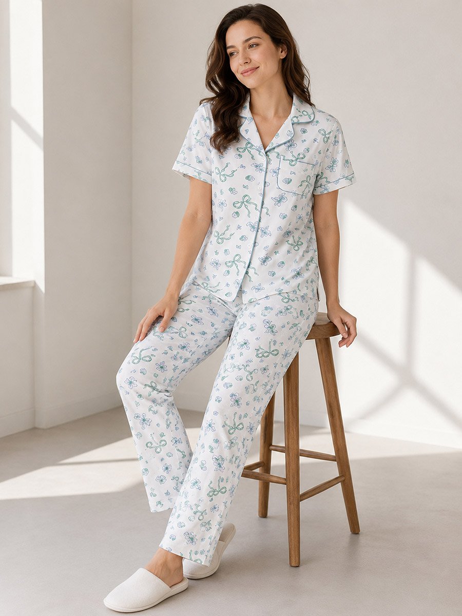Off White Bow Print Cotton Shirt and Pyjama Set