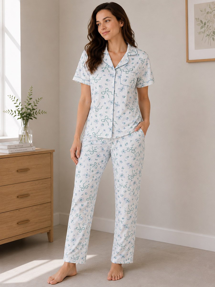 Off White Bow Print Cotton Shirt and Pyjama Set