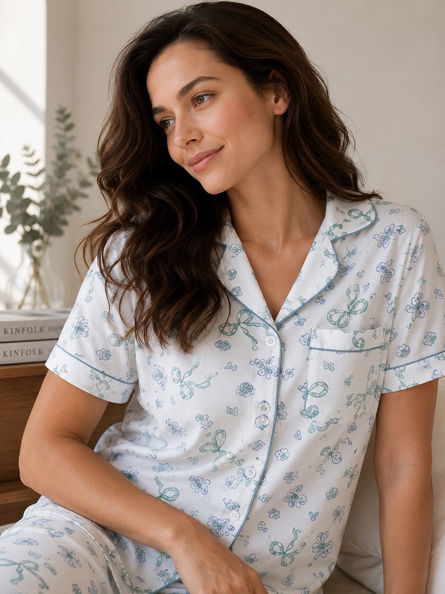 Off White Bow Print Cotton Shirt and Pyjama Set