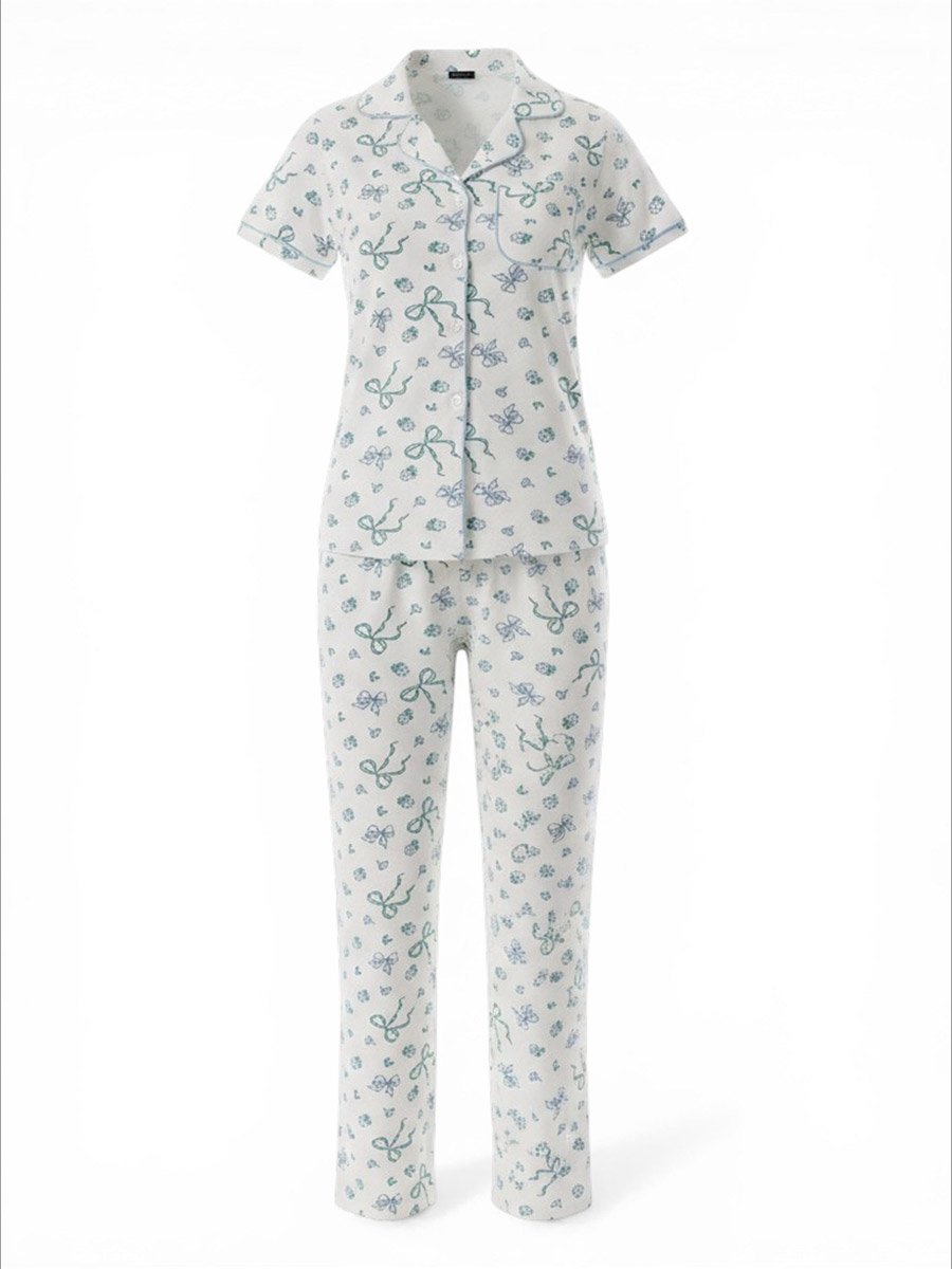 Off White Bow Print Cotton Shirt and Pyjama Set