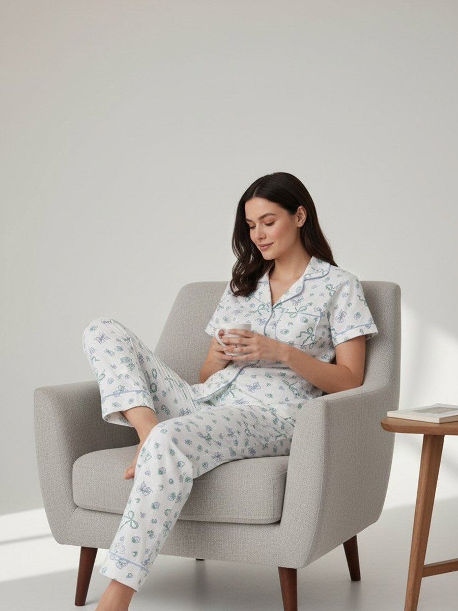 Off White Bow Print Cotton Shirt and Pyjama Set